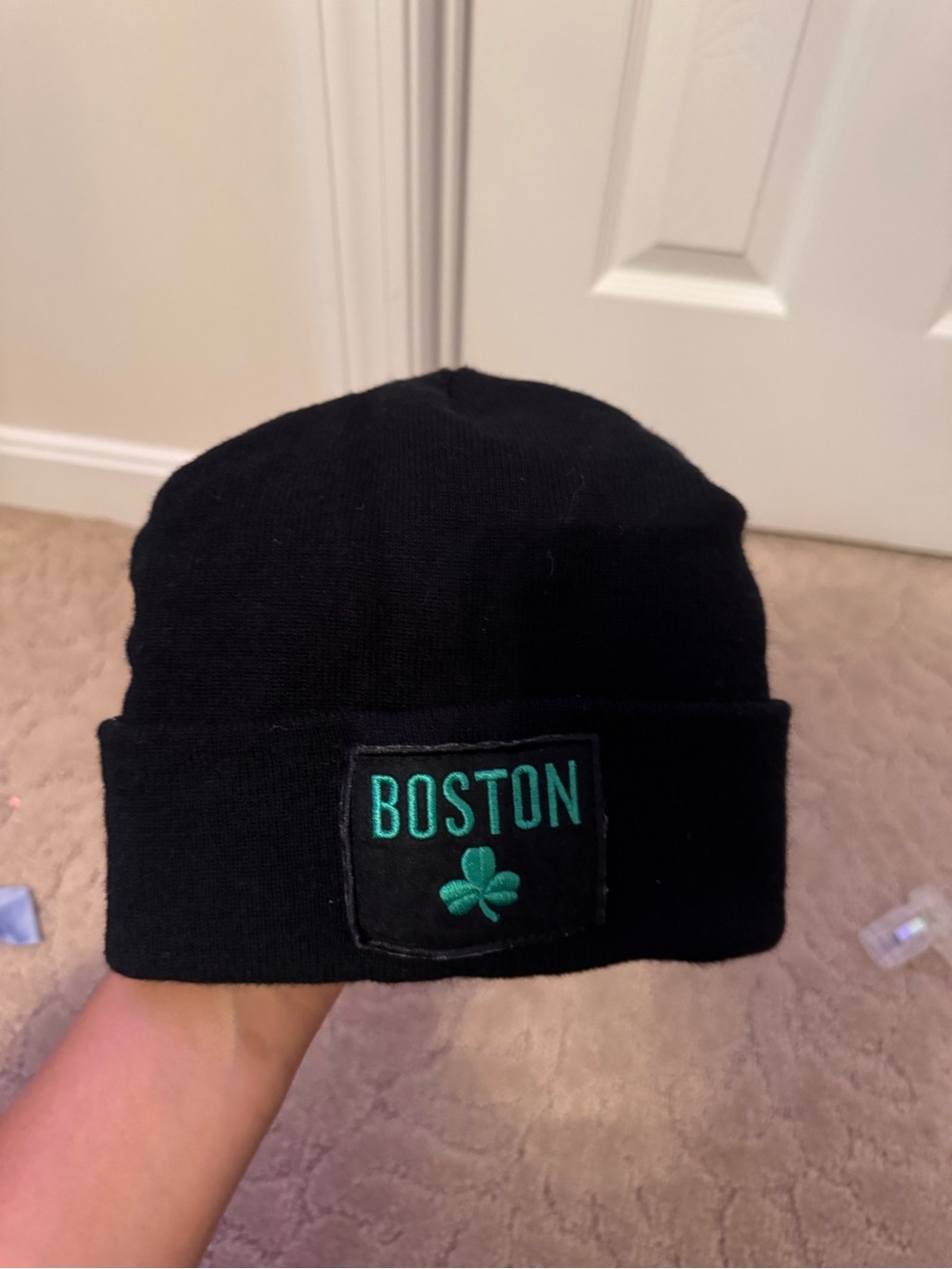 Boston Embroidered Black Beanie Hat - Men's Winter Accessory